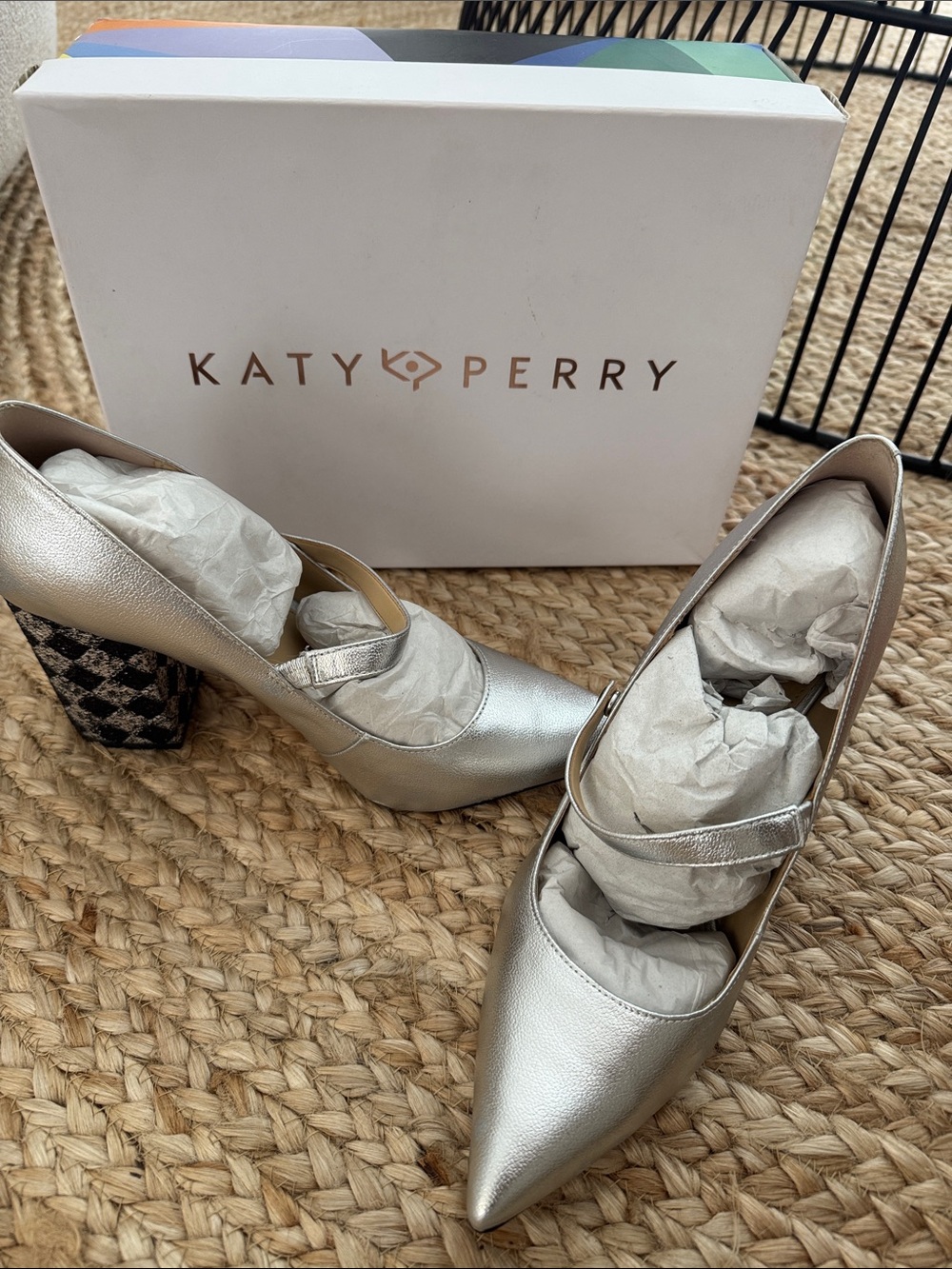 Katy Perry Collections Silver Pointed Mary Jane Heels with Patterned Block Heel